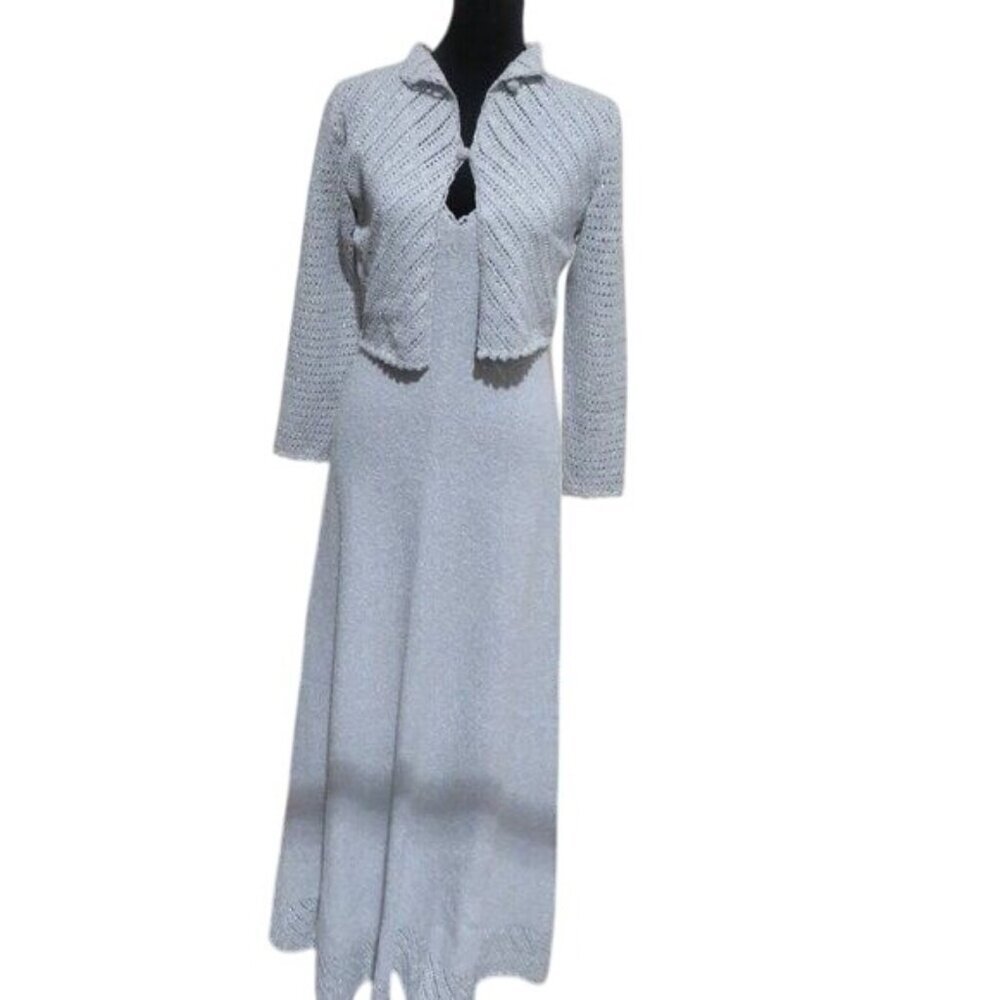 LILLIE RUBIN Baby Blue Knit Wool blend maxi dress & jacket 12 STUNNING VINTAGE
